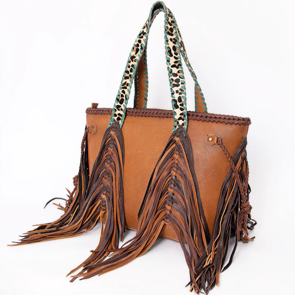 Leather Fringe Cheetah Strap Handbag