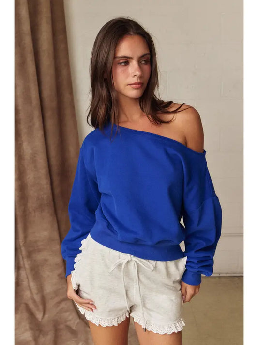 Alina Off Shoulder Cropped Sweatshirt Cobalt