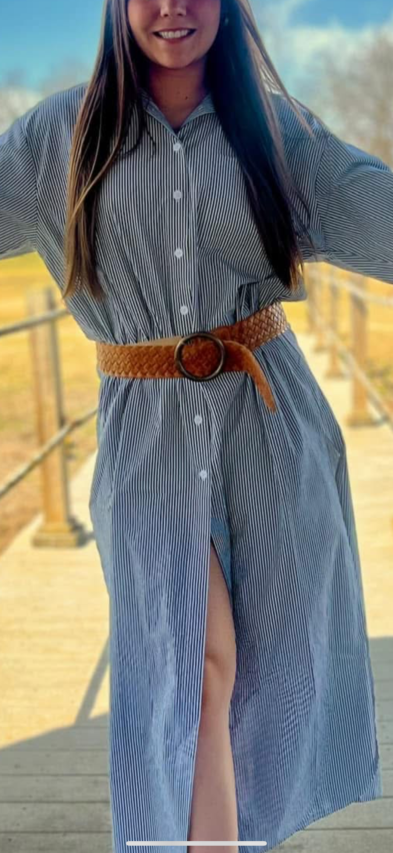 button down striped shirt dress Blue Striped Puff Sleeve Shirt Dress