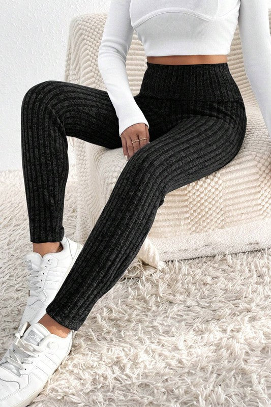 BLACK Wide Waistband Ribbed Textured Knit Leggings
