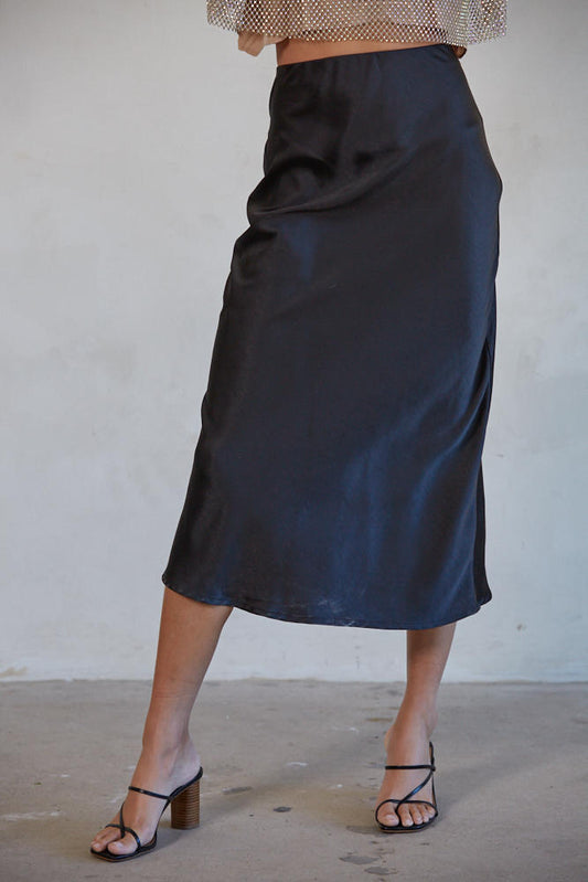 Black Satin Midi Skirt