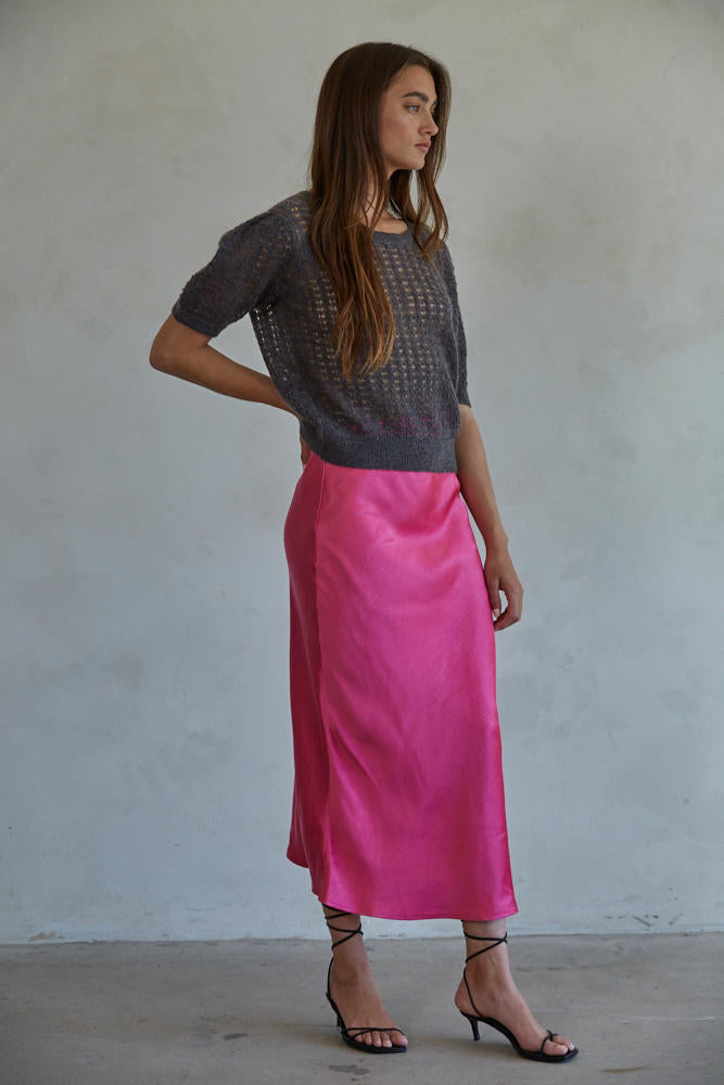 Hot Pink Satin Midi Skirt