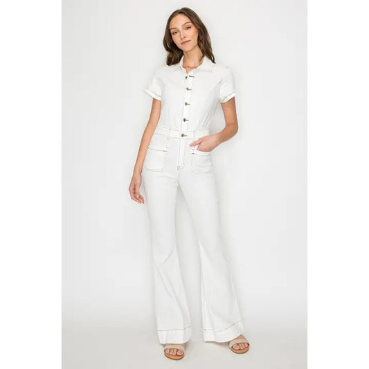 Bellbottom Denim Jumpsuit Ivory