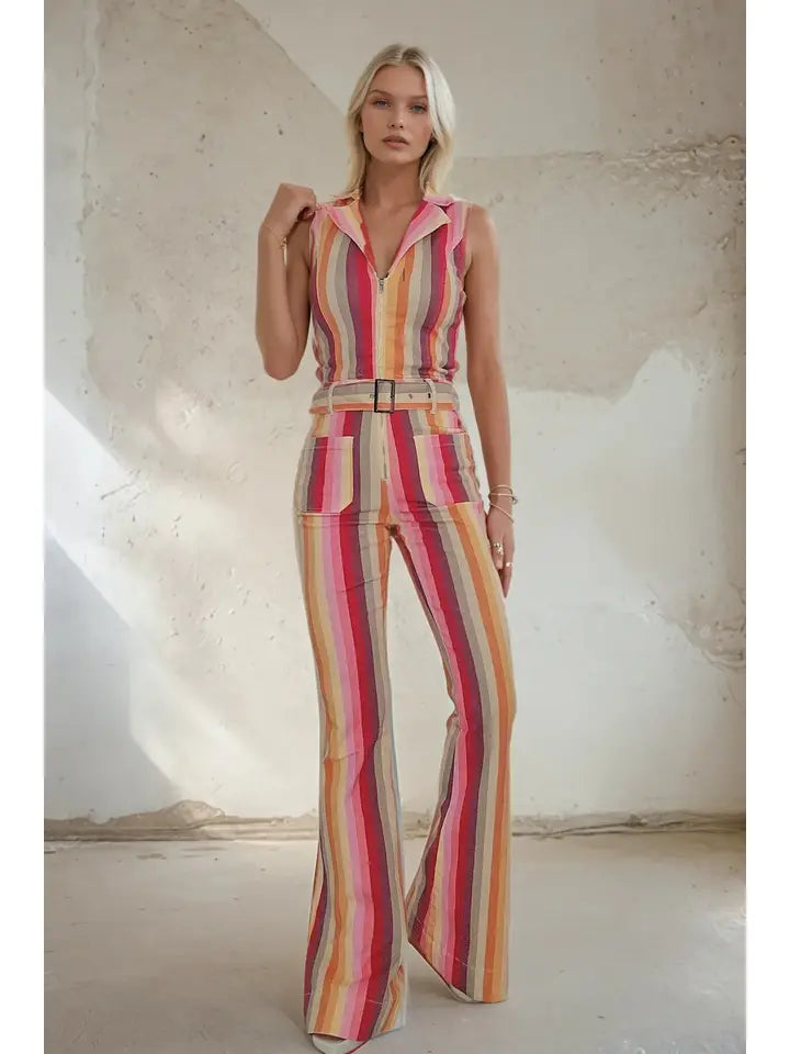 Belted Striped Stretch Denim Full Length Jumpsuit