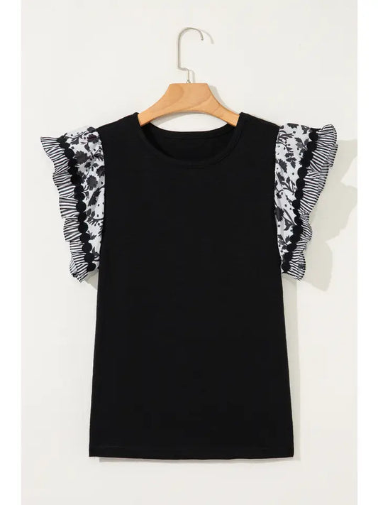 Beverly | Pattern Trim Flutter Sleeve Patchwork Blouse