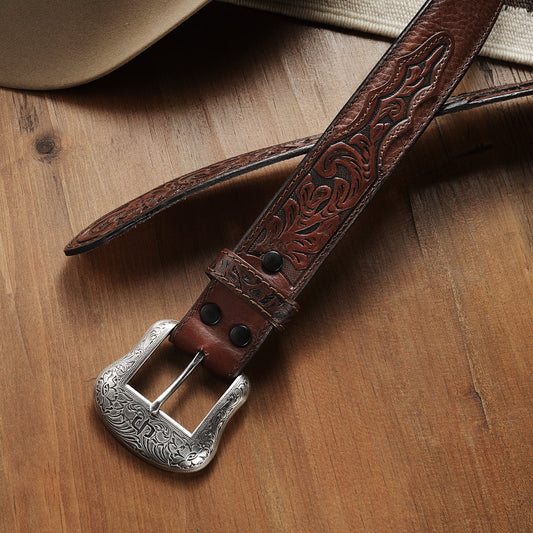 Bison Leather Tooled Tab Belt