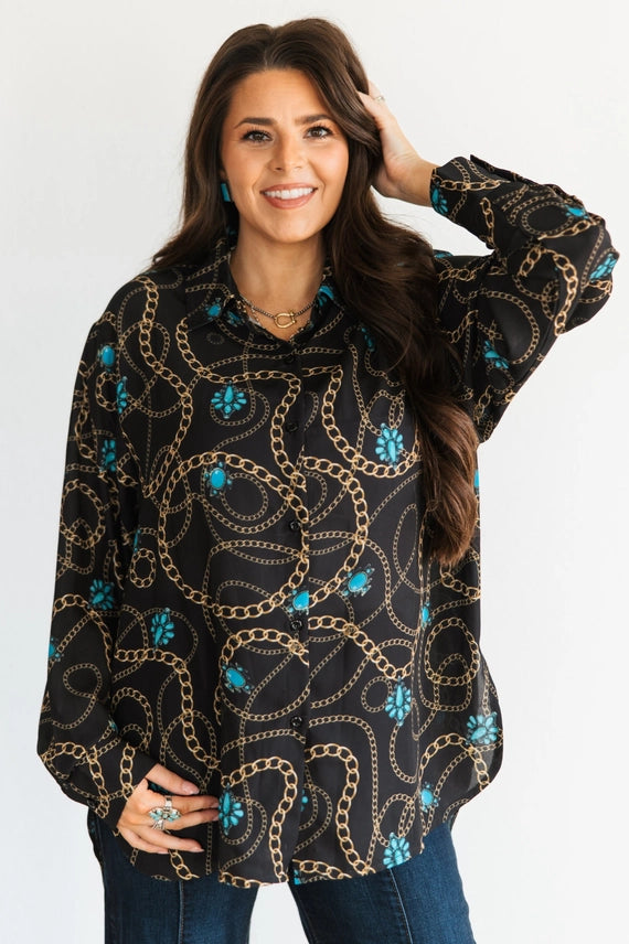 Black Gold Chain Button Up Top