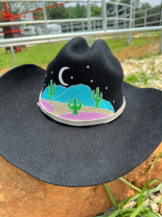 Black Hand Painted Desert Cactus Nights Cowboy Hat