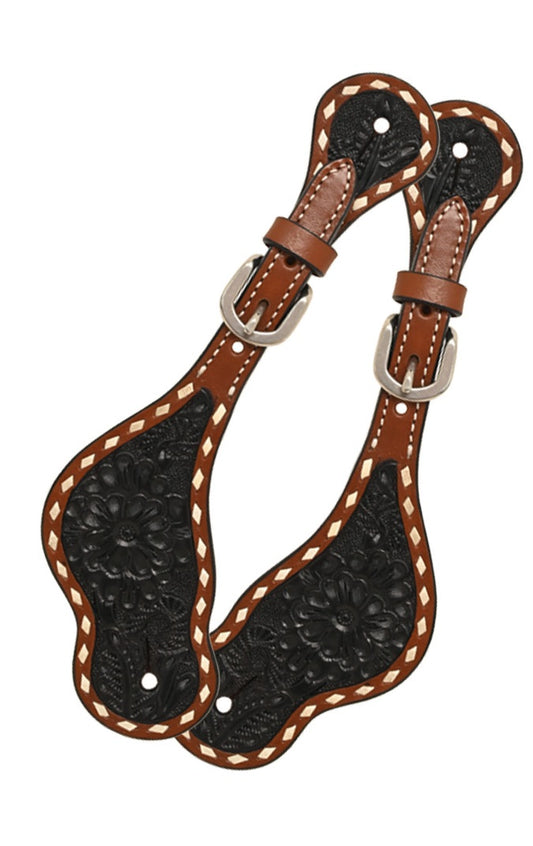 Ladies Spur Straps Black Floral Carving