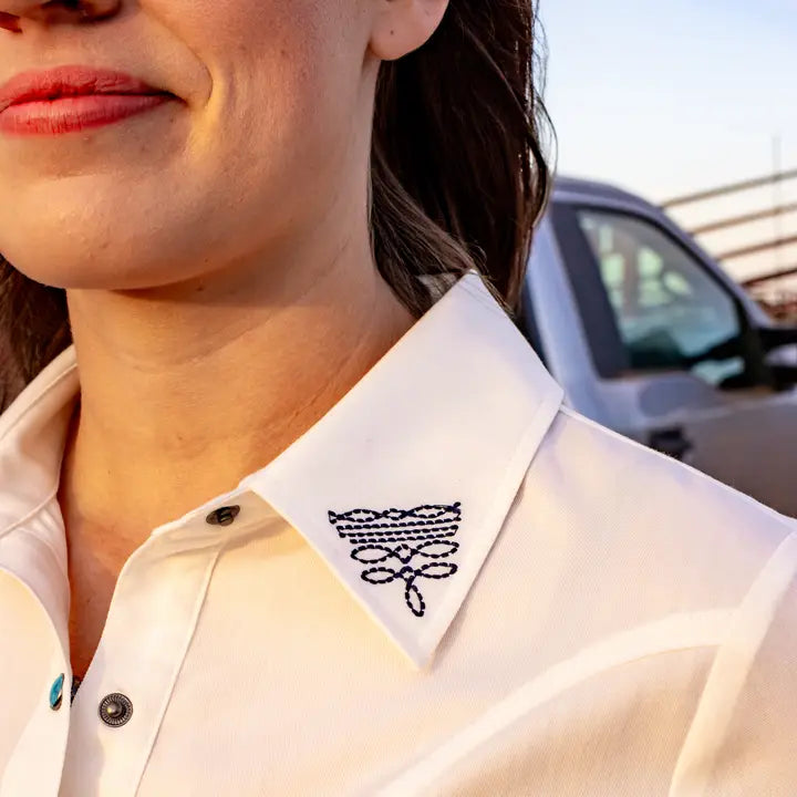 Boot Stitch Embroidered White Top with Turquoise Snaps