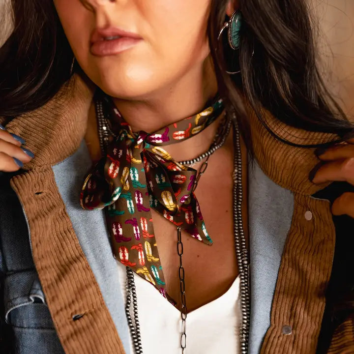 Brown Silk Twilly with Multicolor Cowboy Boots