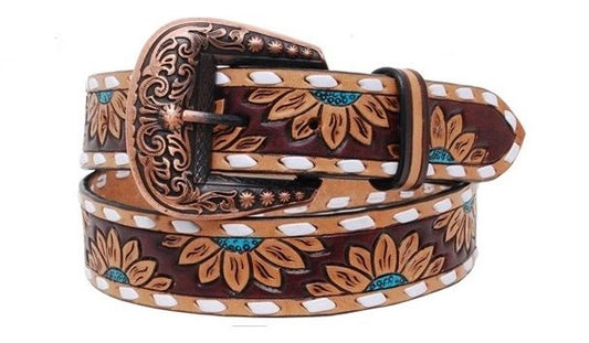 Ladies Belt Sunflower Tooling With White Buckstitch