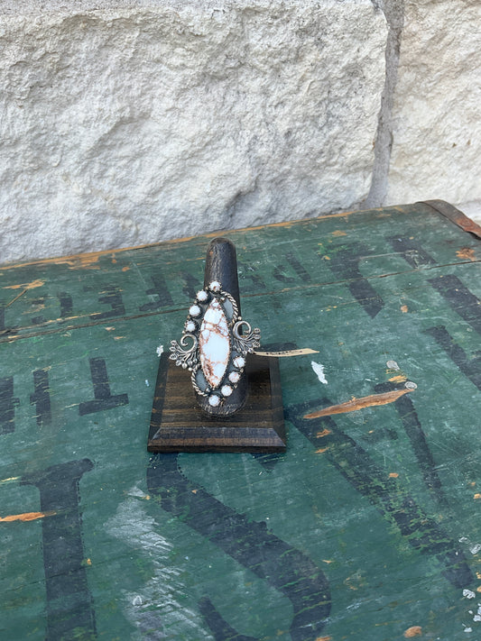 Boho White and Brown Adjustable Ring