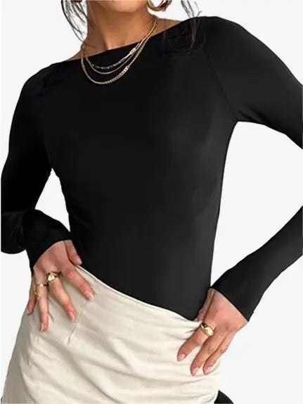 Solid Color Long Sleeve Stretch Top