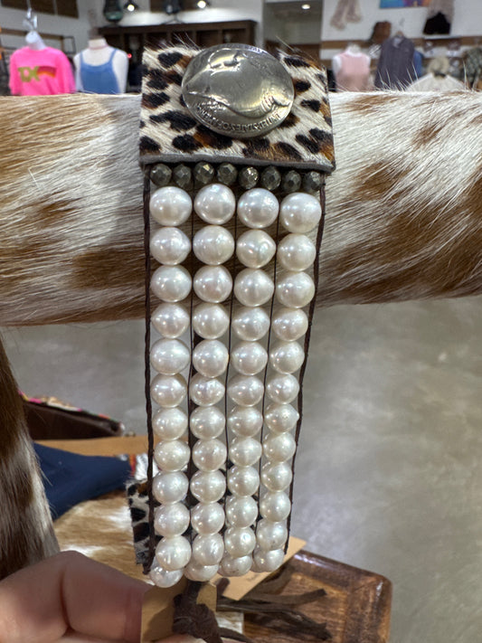 PEARL AND CHEETAH LEATHER CUFF