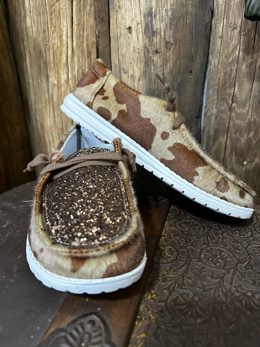 Glitter Accented Cow Print Ladies Sneaker