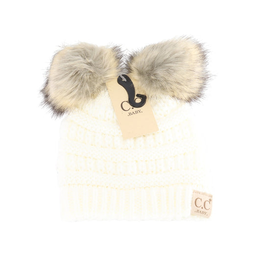 Baby Fur Double Pom Beanie - Ivory