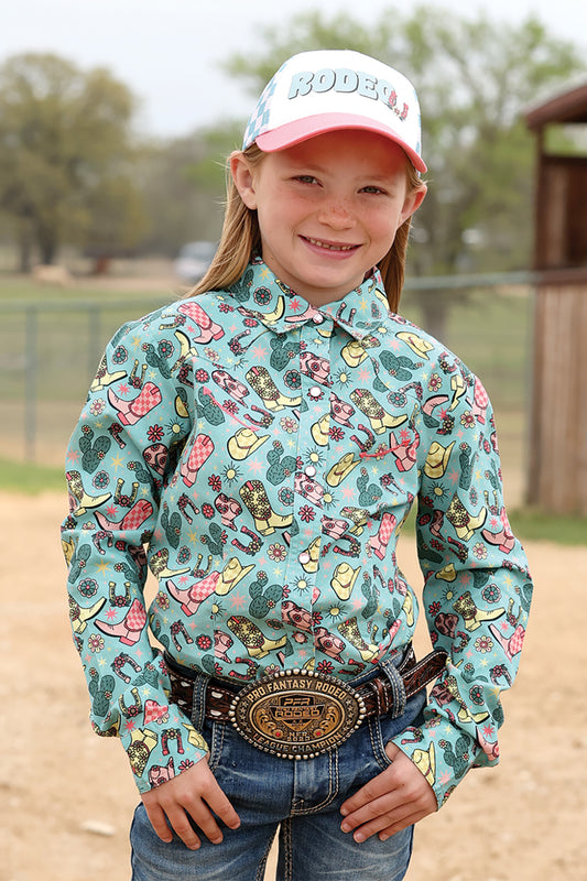 Girl's Cinch Light Blue Western Print L/S