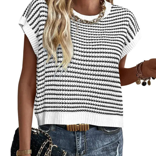 Casual Crewneck Knitted Striped Contrast Top