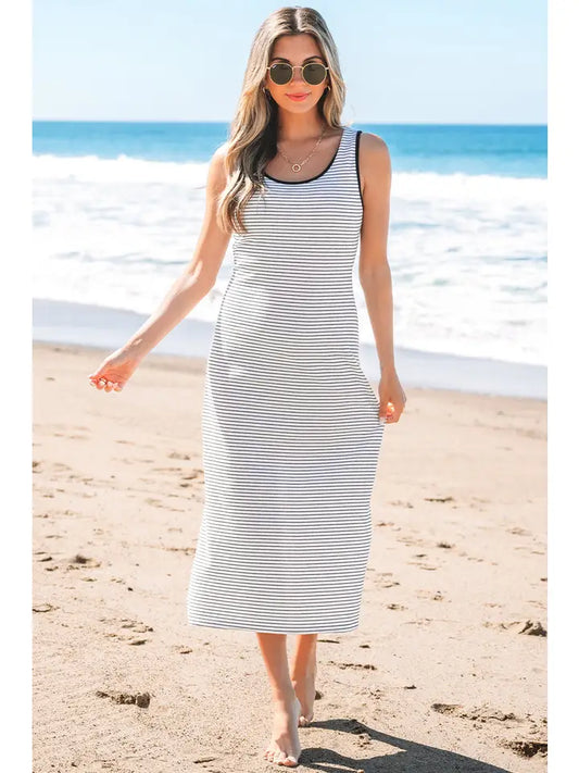 Cecilia | Stripe Criss Cross Slim Fit Sleeveless Midi Dress