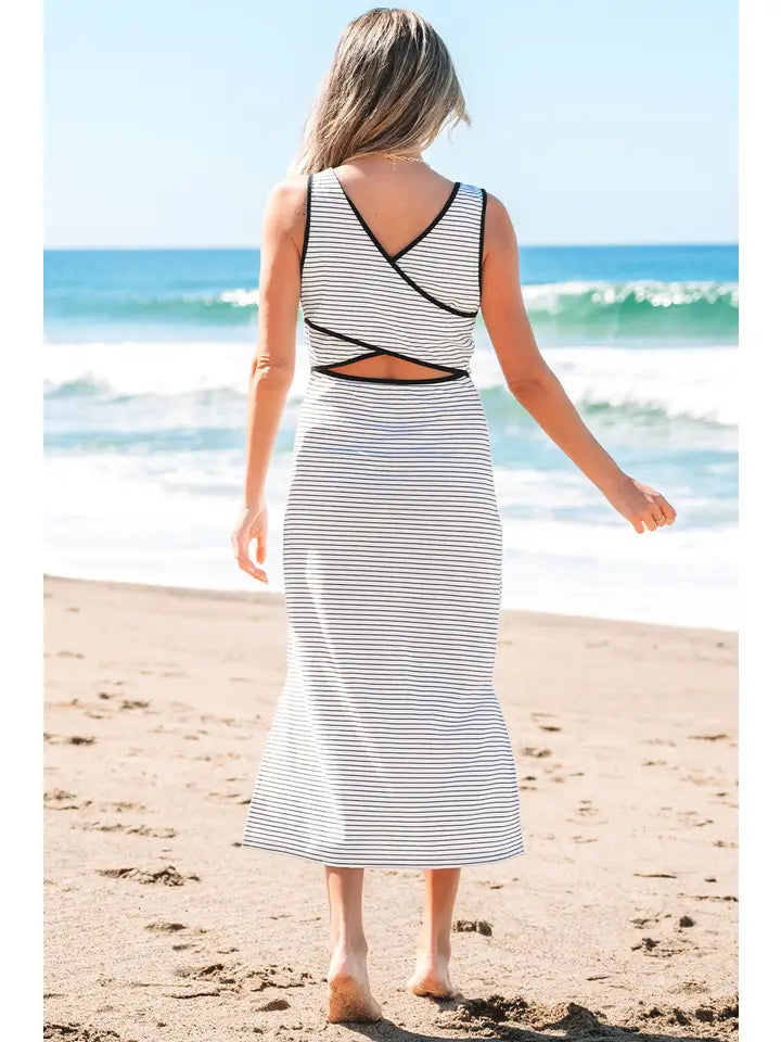 Cecilia | Stripe Criss Cross Slim Fit Sleeveless Midi Dress