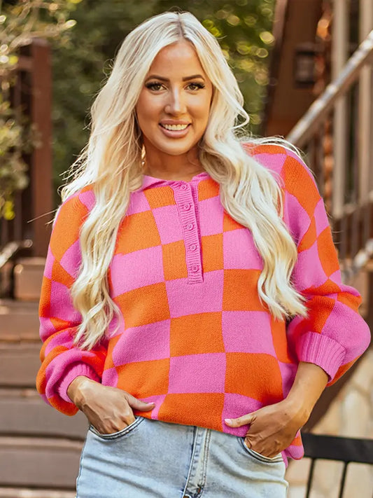 Checker Polo Collar Baggy Knit Sweater