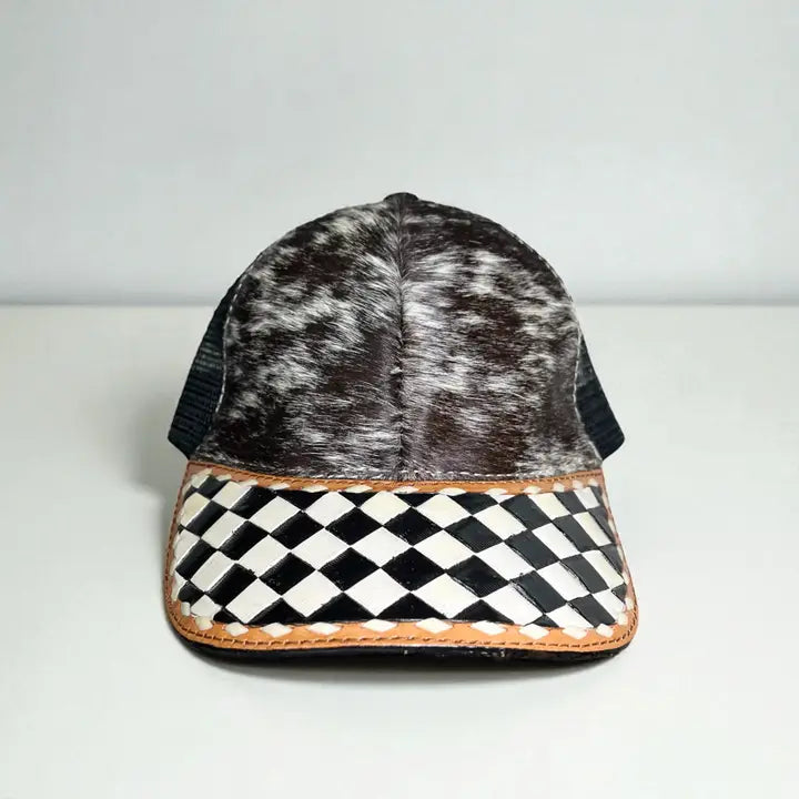 Checkered Tooled & Cowhide Cap
