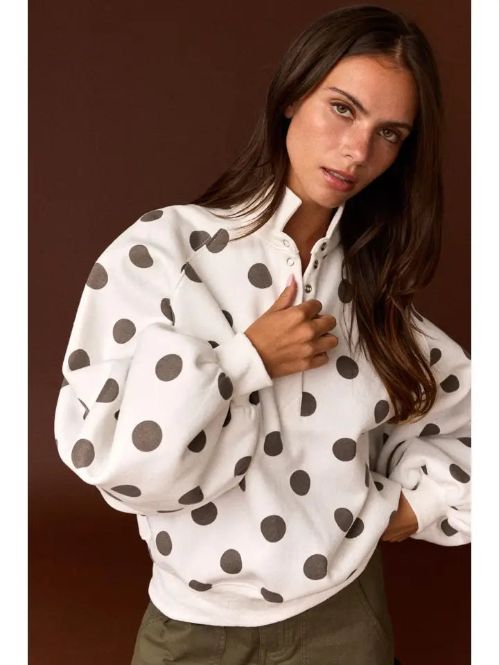 Collar Half-Snap Button Polka Dot Sweatshirt