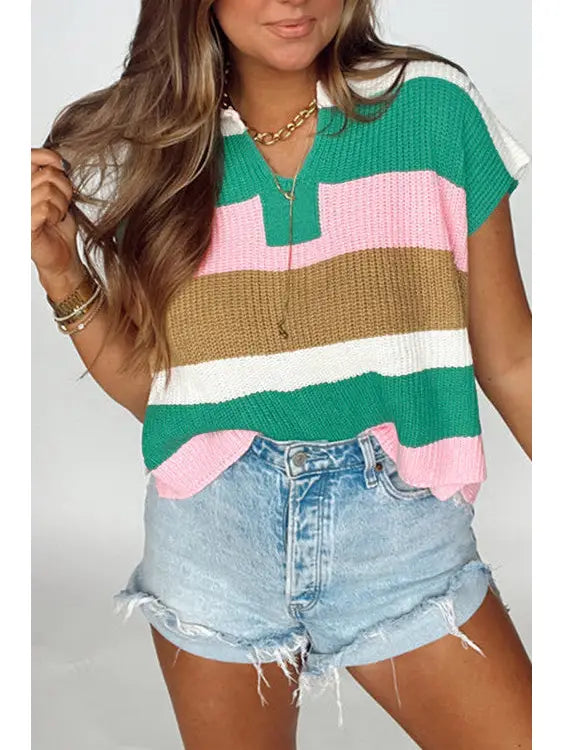 Color Block Notch V Neck Sweater T Shirt