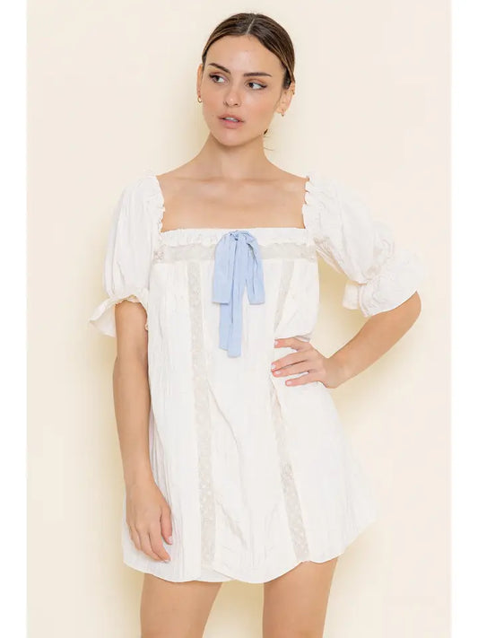 Cottage Core Puff Sleeve Lace Bow Mumu Mini DRESS