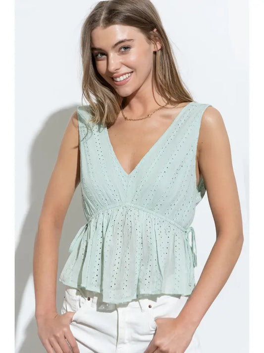 Cotton Eyelet Stripe Lace Tie Side Sleeveless Top