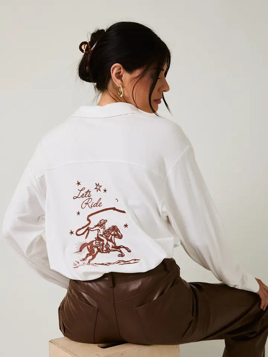 Cowgirl Embroidered Jersey Button Down Shirt
