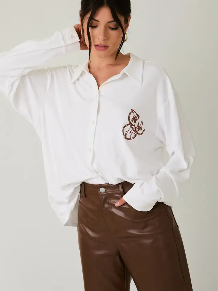 Cowgirl Embroidered Jersey Button Down Shirt