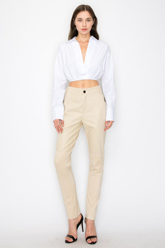 Cream Faux Leather Skinny Pants