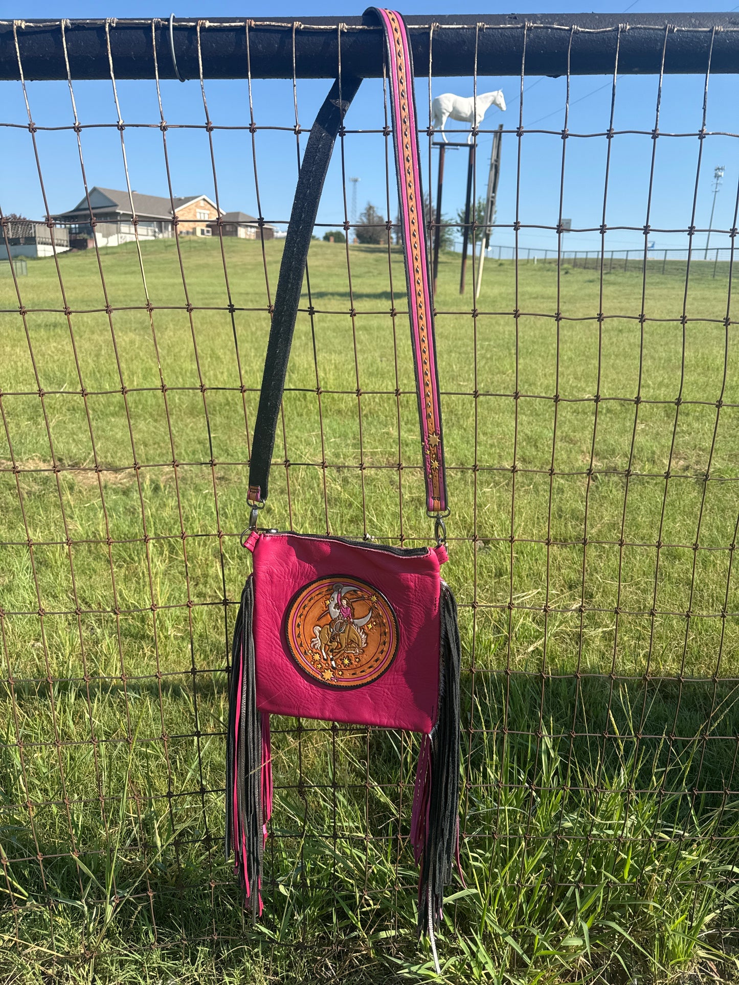 Moon Bucker Fuchsia Crossbody w/ Fringe
