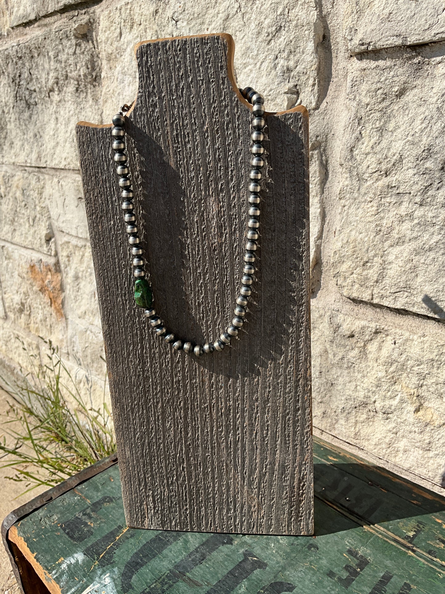 Navajo Sterling Silver Pearl 8mm Beaded Necklace with Turquoise Stone 18"