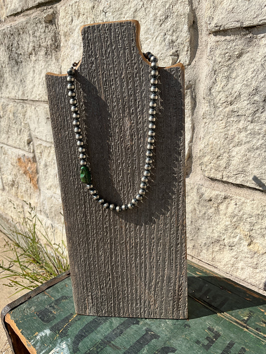 Navajo Sterling Silver Pearl 8mm Beaded Necklace with Turquoise Stone 18"