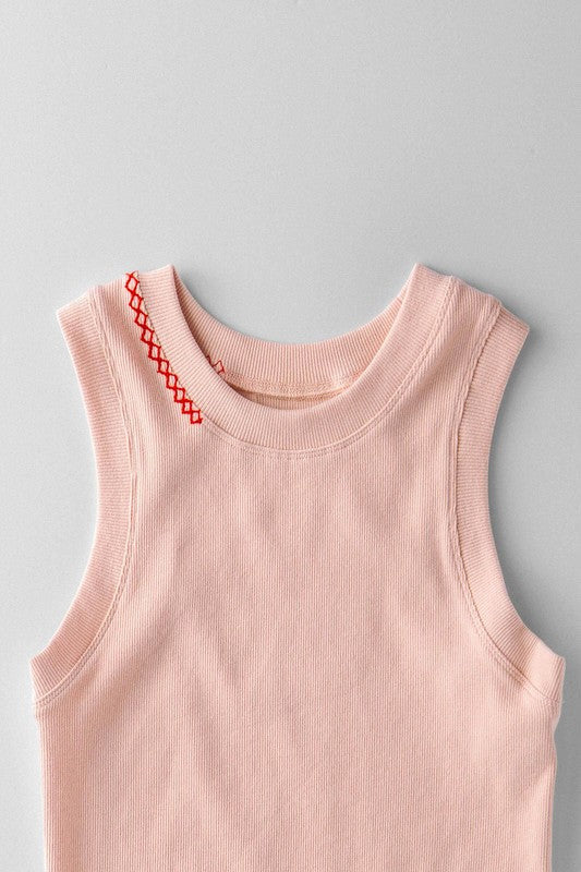Zigzag Stitch Detail Ribbed Layering Tank Top Blush