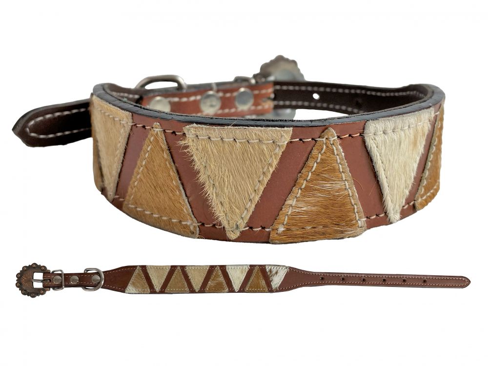 Cowhide dog collar with copper hardware.