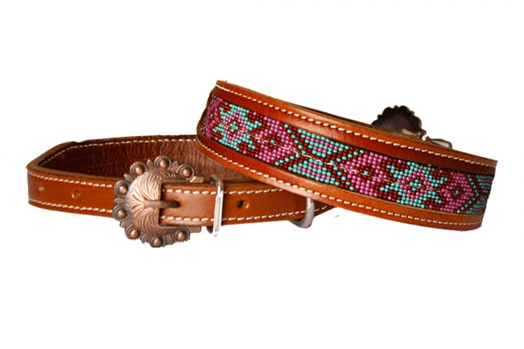 Showman Couture Genuine leather dog collar with red, pink, and mint beaded inlay