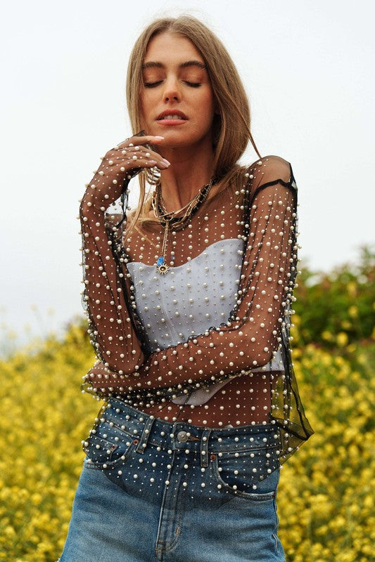 BEAD AND PEARL EMBELLISHED LONG SLEEVES MESH TOP