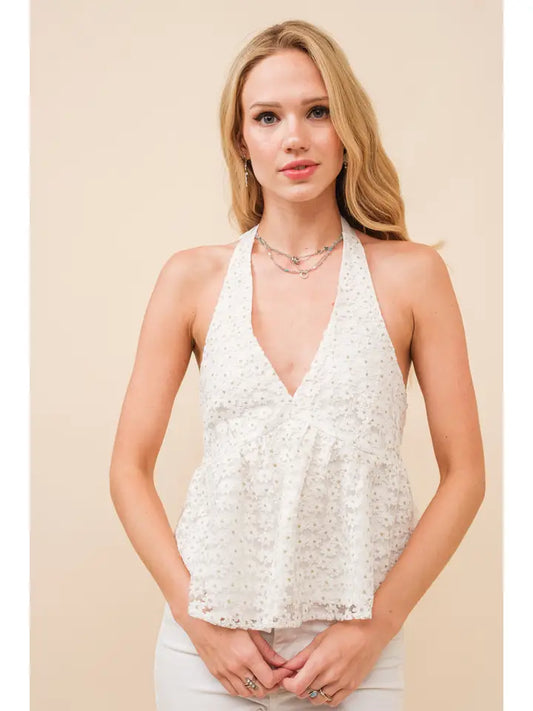 Daisy Jacquard Halter Crop Top