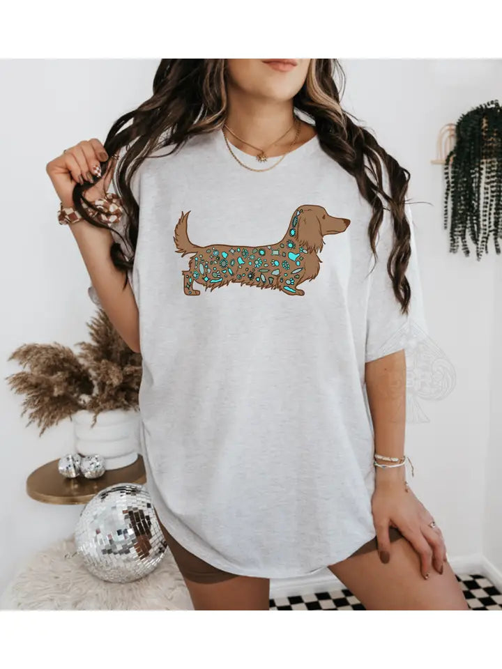 Decked in Turquoise, Long Haired Wiener Dog Western Graphic