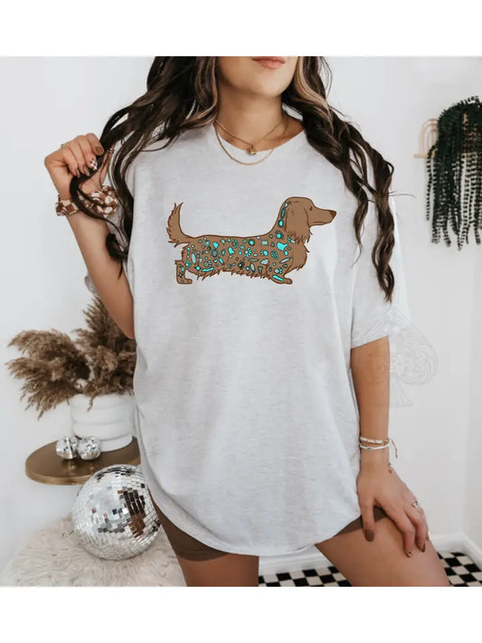 Decked in Turquoise, Long Haired Wiener Dog Western Graphic