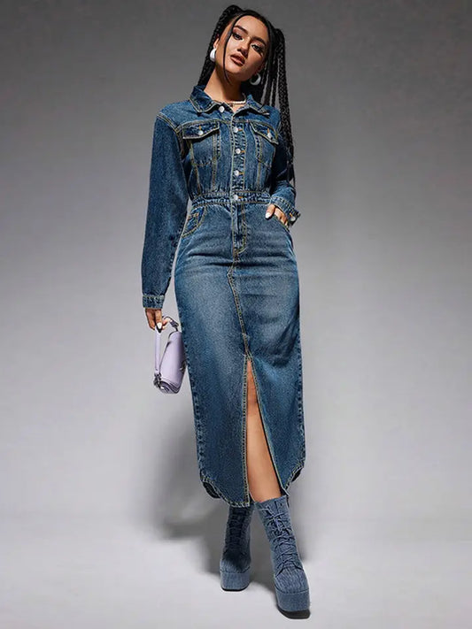 Denim Long Dress with Slit