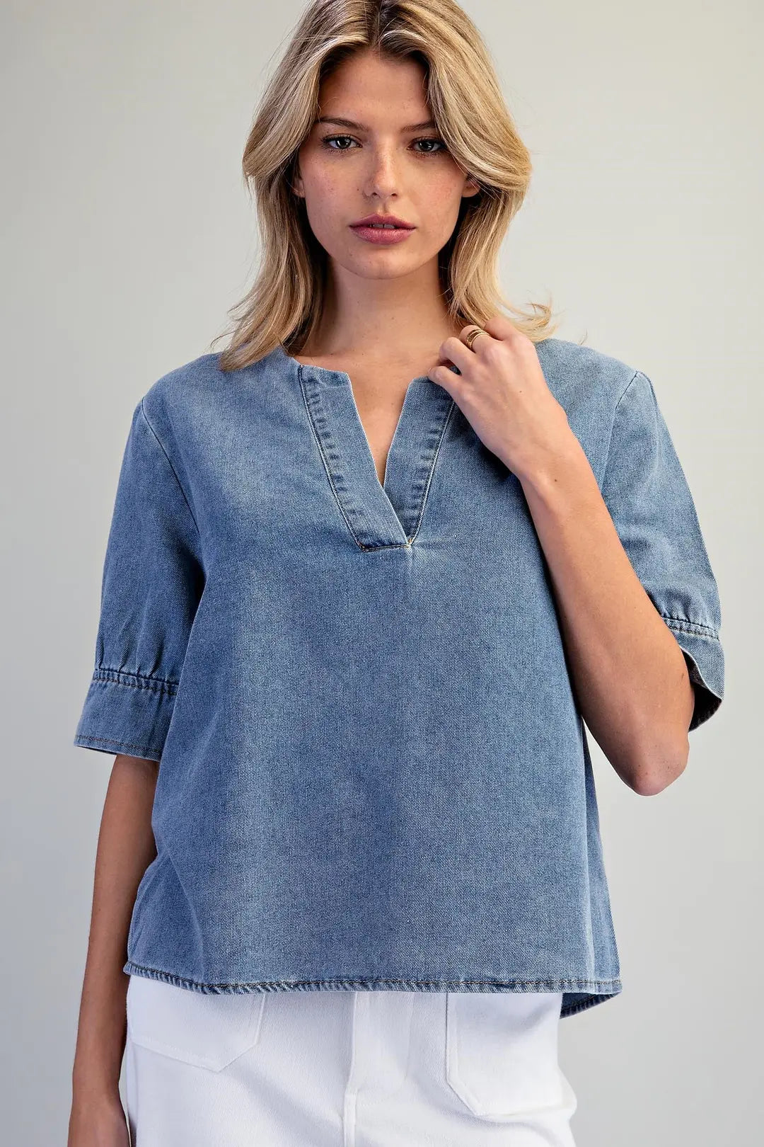 Denim Notched V-Neck Top