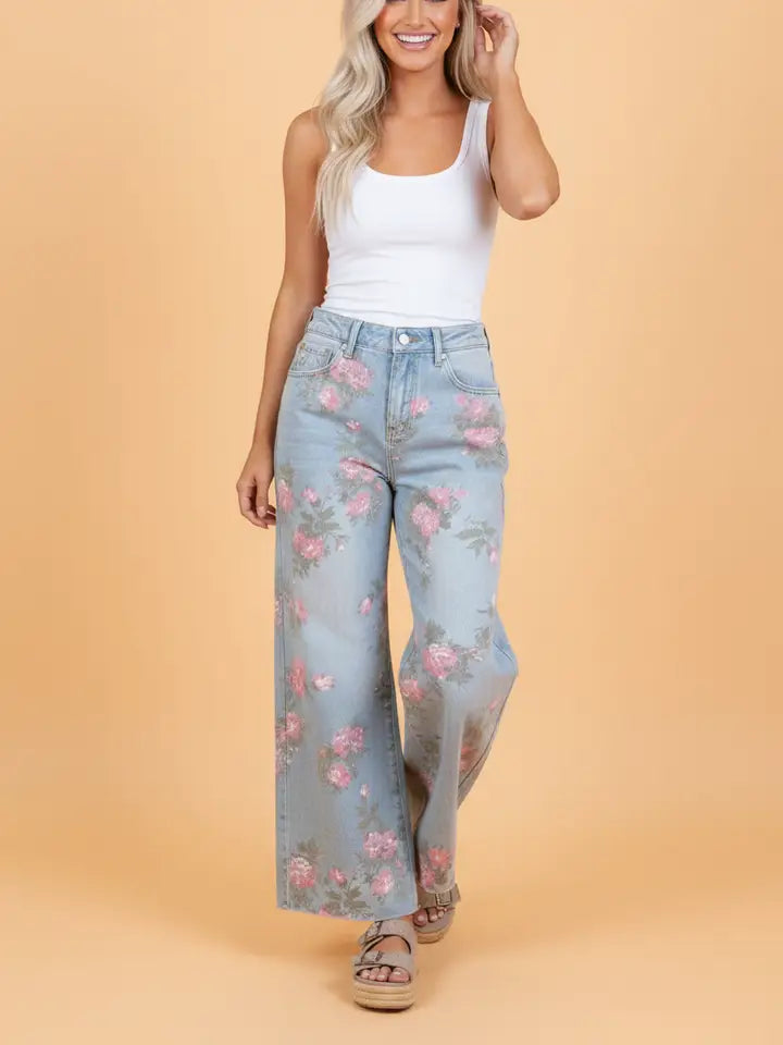 Floral Denim Wide Leg Jeans