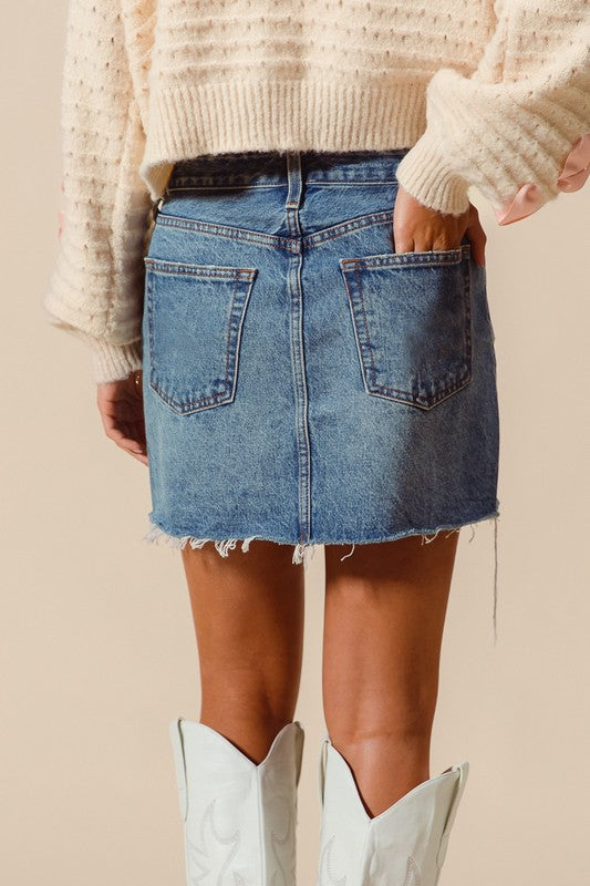 Denim Mini Skirt With Frayed Hem
