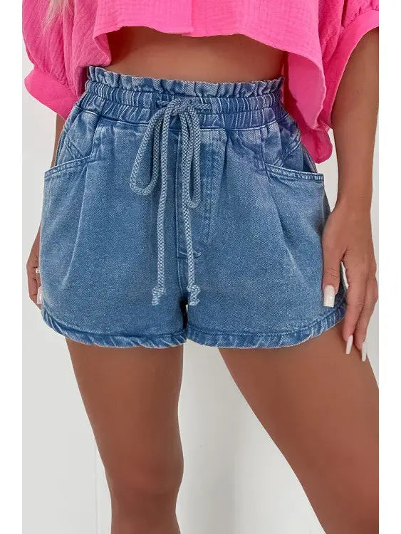 Drawstring High Waist Casual Denim Shorts with Pockets
