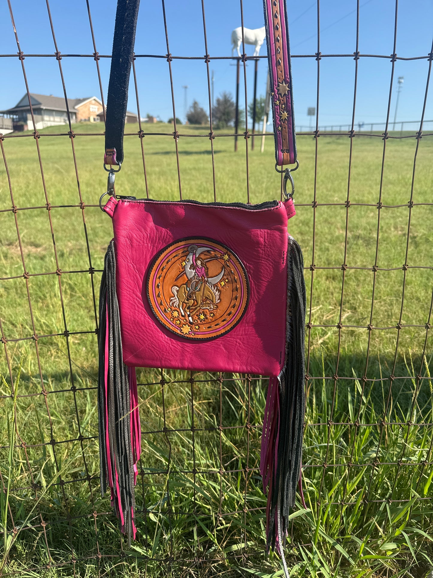 Moon Bucker Fuchsia Crossbody w/ Fringe